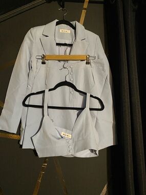 Rivir Pale Bluee Three-Piece Blazer, Short & BraTop Set